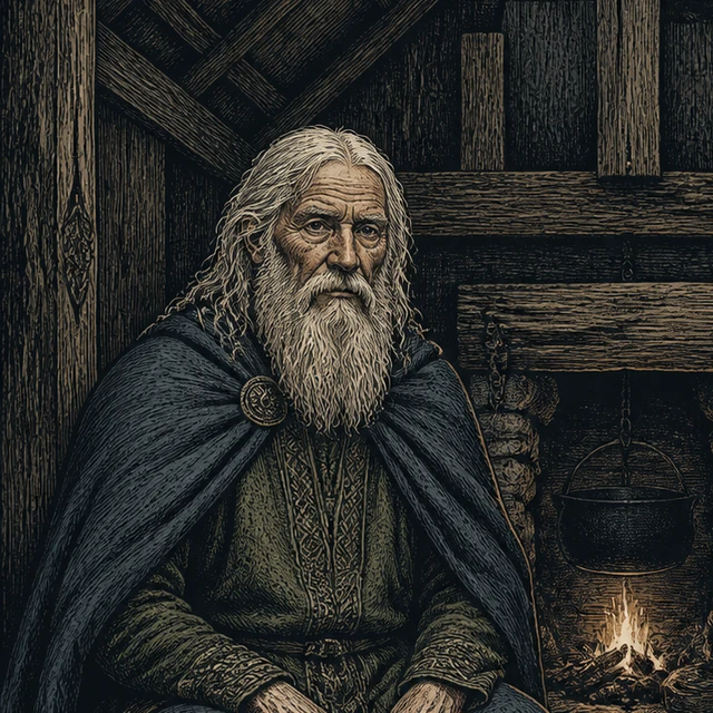 Ai, the white-haired elder of the first household by the hearth.