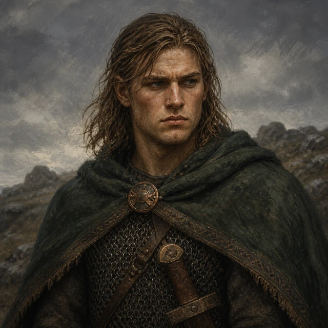 Alf, a young warrior in a deep-green cloak before a stormy ridge.