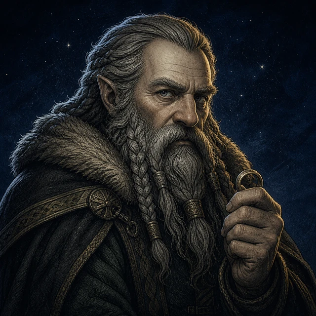 Alvis, a dwarf scholar in midnight indigo holding a small ring.