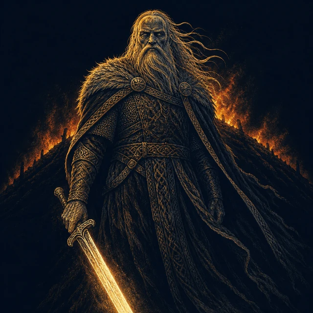 Angantyr, a stern dead warrior holding a bright sword in a burning mound.