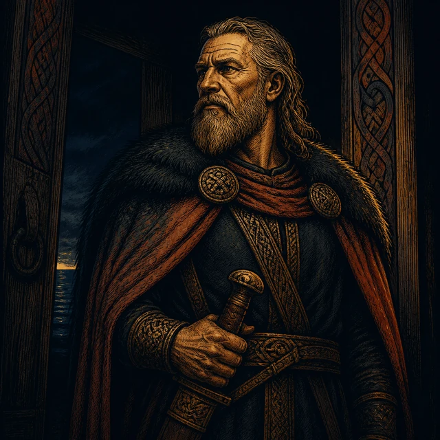 Arngrim, a grave warrior with a sheathed sword at a hall threshold.