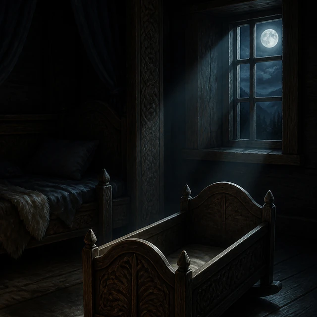 Atli’s ominous dream, an empty cradle in a moonlit timber room.