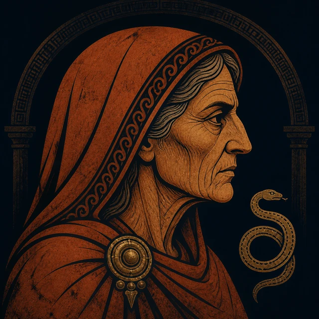 Atli’s mother, an unnamed hooded woman before a serpent arch.