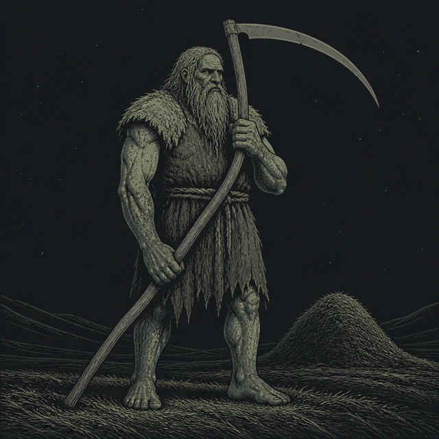Norse-style detail illustration of Baugi and a scythe.