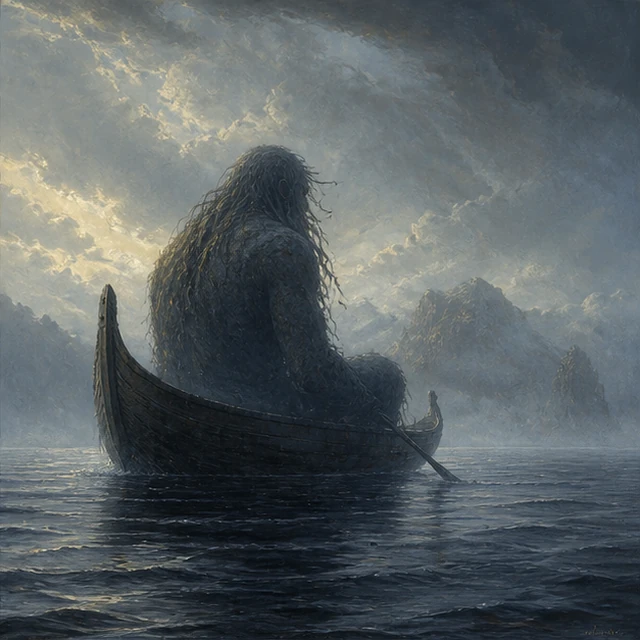 Bergelmir, an ancient giant silhouette in a small boat on dark water.