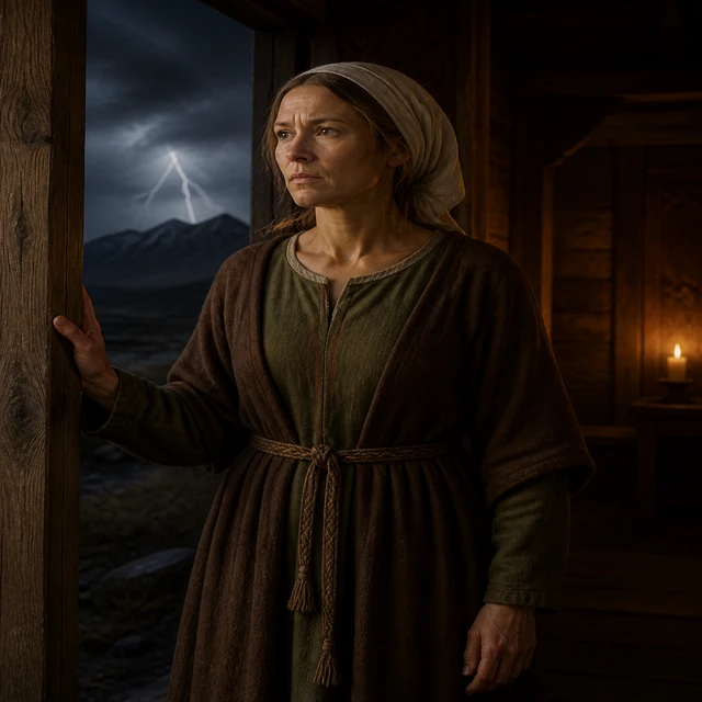 Beyla feeling tremors at the hall doorway, with a stormy mountain beyond.