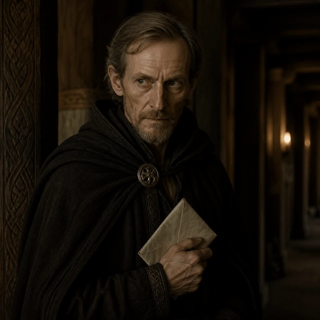 Bikki, a counsellor with a folded message in a candlelit corridor.
