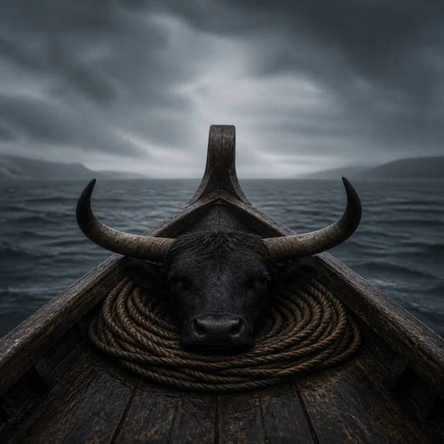 Black Ox Head, bound to a fishing line at a wooden boat’s stern.