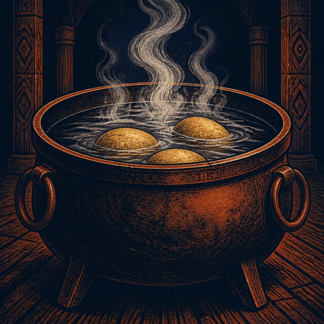 The boiling-water ordeal: a steaming cauldron and stones in a dark hall.