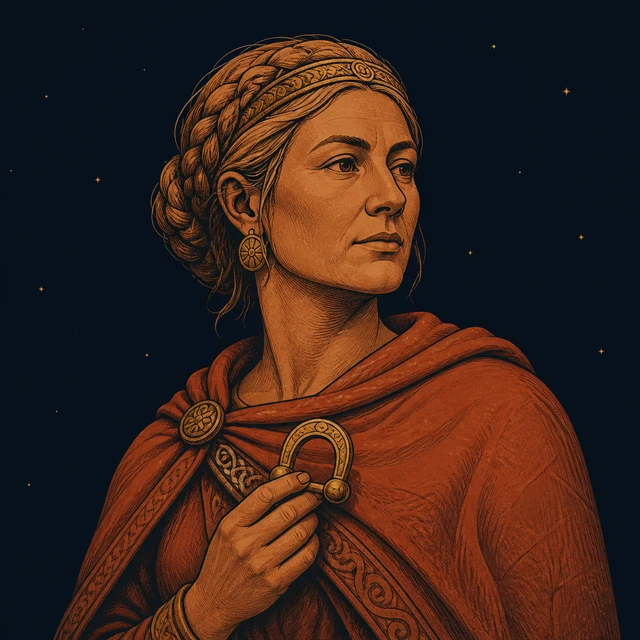 Borghild in terracotta cloak, holding a worn-gold clasp for birth.