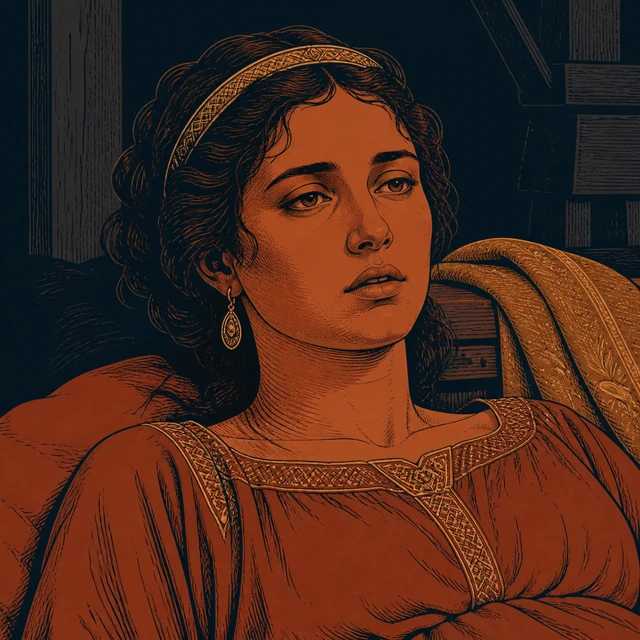 Borgny, wrapped in a gold blanket in a dark timber room.