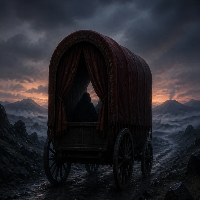 Brynhild’s Hel-road, a cloth-covered solitary wagon on a twilight rocky road.