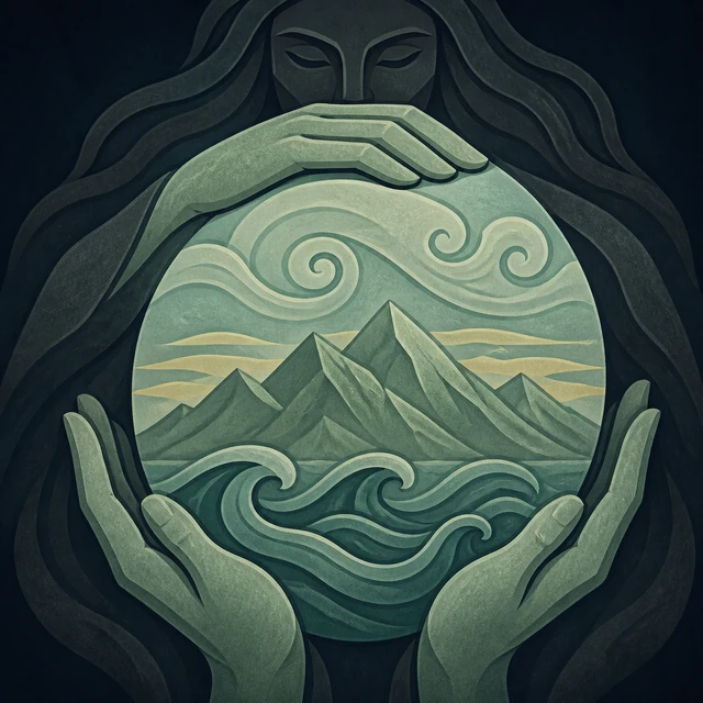Norse Lichen iron editorial illustration of Creation of the Worlds for the atlas detail view.