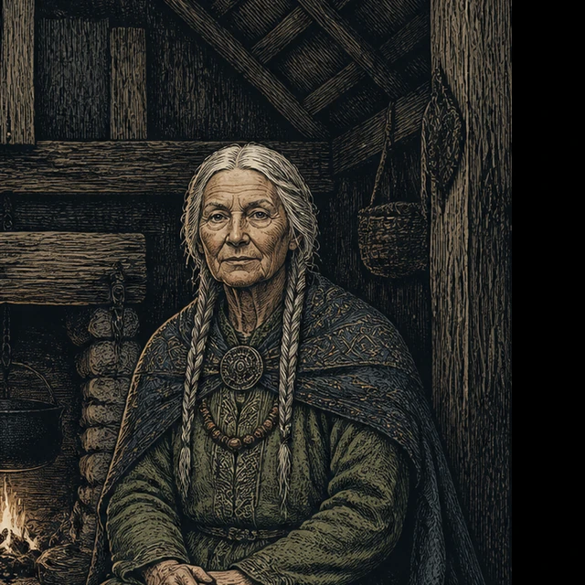 Edda, the elder seated by the long table in the first household.
