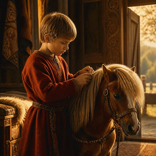 Eitil, a younger boy grooming a pony’s mane by a sunlit doorway.