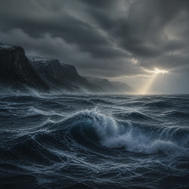 Elivagar, storm-waves between black basalt cliffs.