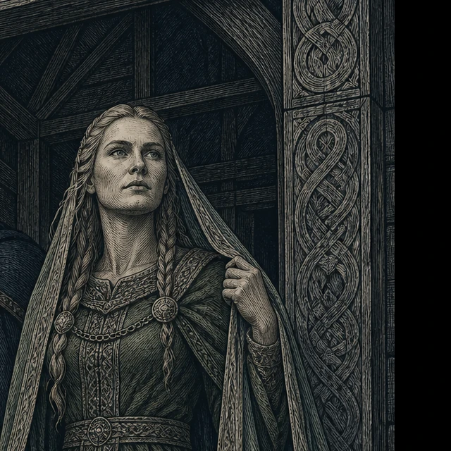 Erna, a figure lightly holding a veil before a great hall.