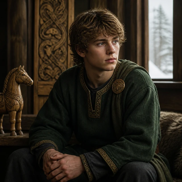 Erp, a young prince with a gold brooch in a winter-lit timber hall.