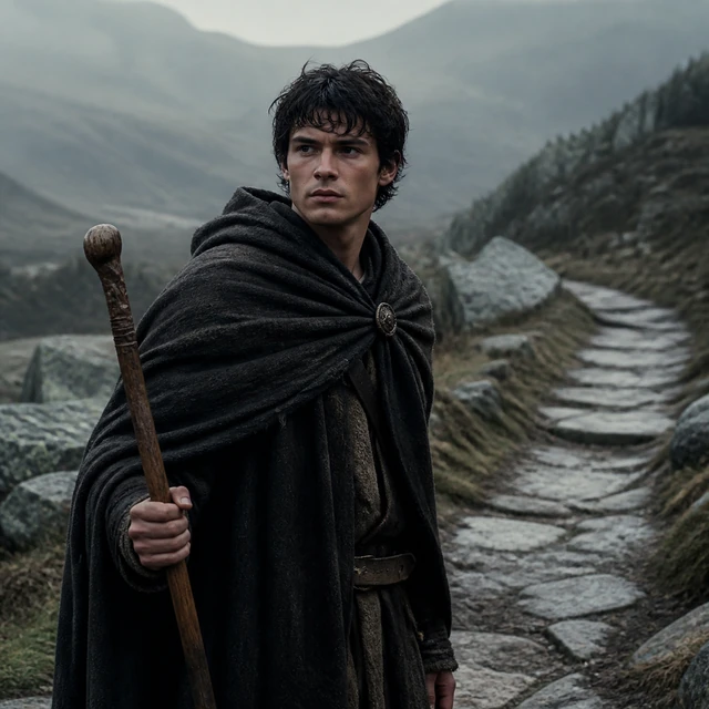 Erp, a young man in a charcoal cloak beside a stone road.