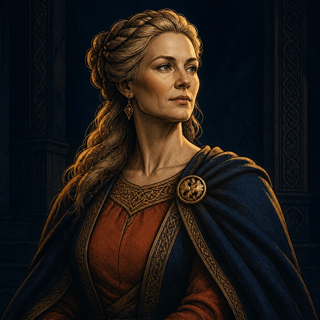 Eyfura, a composed woman with a gold brooch in a deep-navy hall.