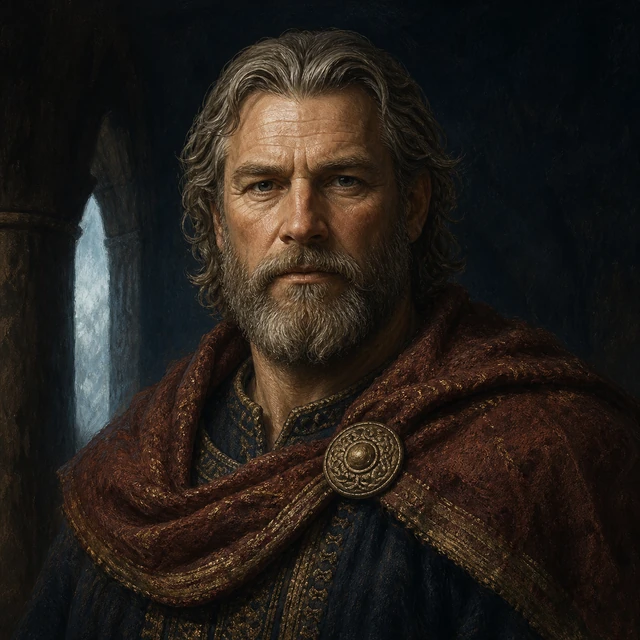 Eylimi, a composed older man in a russet mantle against deep navy.