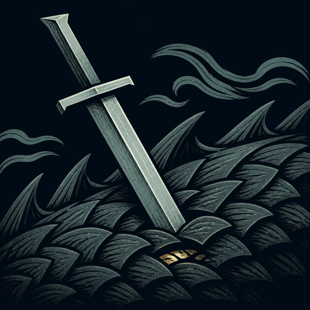 Norse Lichen iron editorial illustration of Slaying of Fafnir for the atlas detail view.