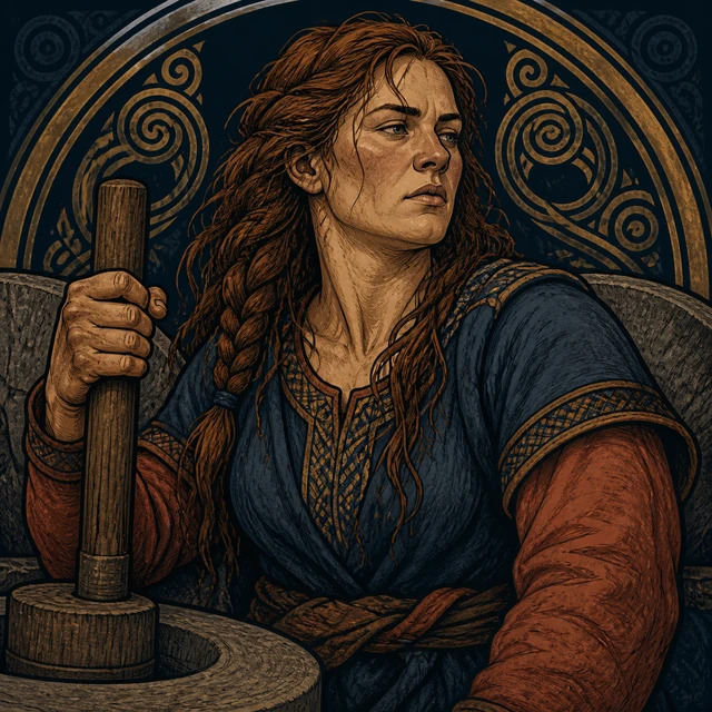 Fenja, a giant woman gripping a mill handle with contained defiance.