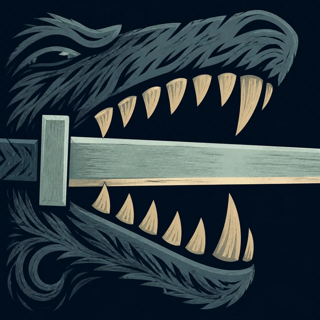 Norse Lichen iron editorial illustration of Sword in Fenrir's Mouth for the atlas detail view.