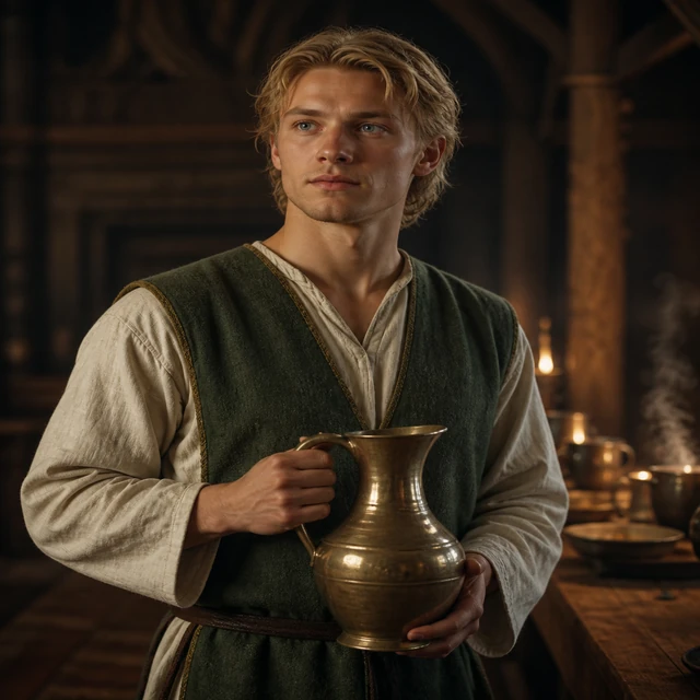 Fimafeng, a young attendant carrying a bronze ale jug beside the feast.