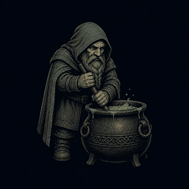 Norse-style detail illustration of Fjalar and a brewing vat.