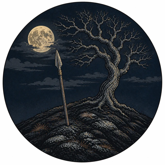 Fjoturlund, a windswept moonlit hill with one spear planted beside an ash tree.