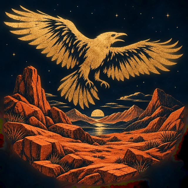 Frekastein as terracotta rocky ground beneath one worn-gold bird silhouette.