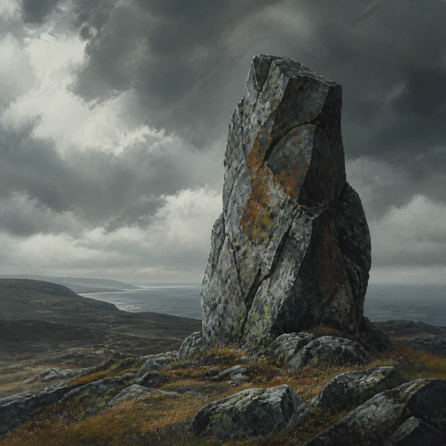 Frekastein, a weathered standing rock on a coastal heath.