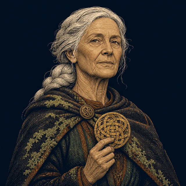 Friaut, Hledis’s mother with a silver braid, lichen cloak, and a gold lineage disk.