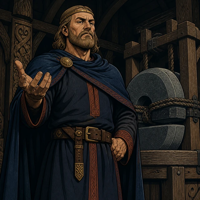 Frodi, a king giving an order beside a great mill in a timber hall.