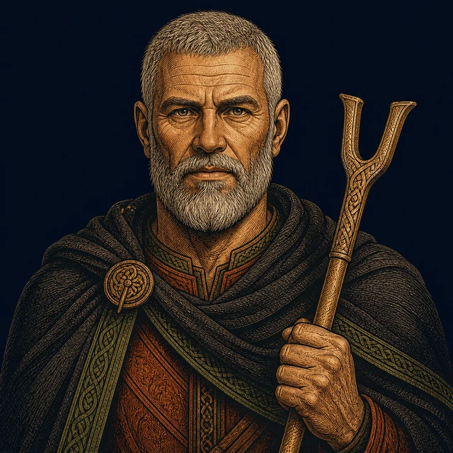 Frothi, Hledis’s father holding a gold forked lineage rod.