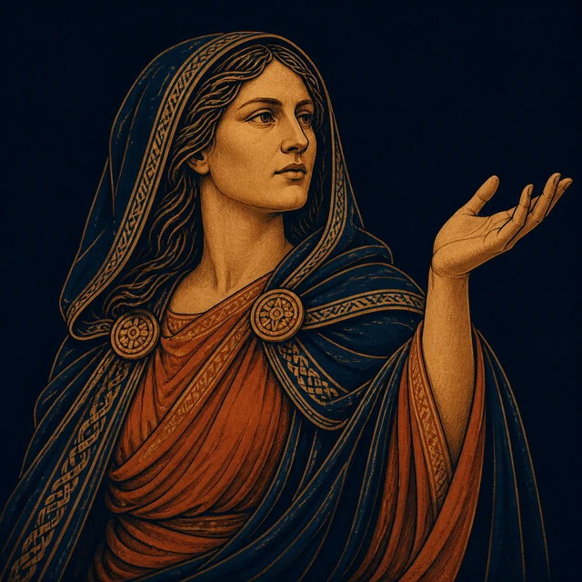 Fulla, a goddess in a midnight navy hooded mantle raising an empty hand in warning.