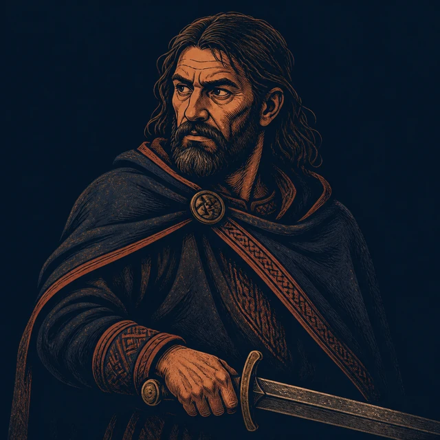 Geirröth, a wary dark-haired king in a dark cloak holding a partially drawn sword.
