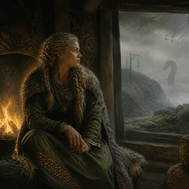 Glaumvor, a woman awake beside a cold hearth after a foreboding dream.