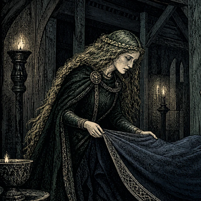 Gollrond, gently lifting a dark burial shroud in a candlelit timber hall.