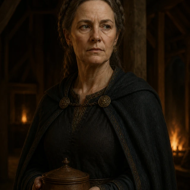 Grimhild holding a covered wooden bowl in a dim timber hall.
