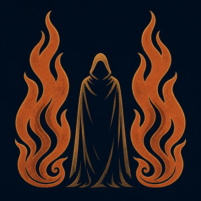 Grimnir Between Two Fires, a navy hooded silhouette between two symmetrical terracotta flames.