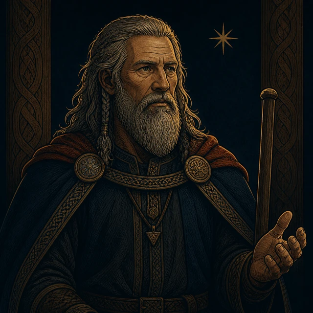 Gripir, the foresighted king before a deep-navy timber hall, holding a plain staff before he has told the prophecy through.