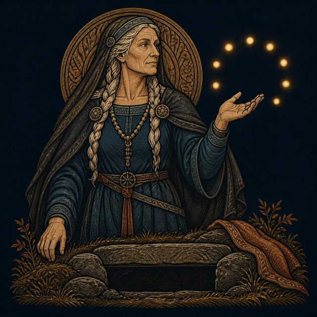 Groa beside a grave threshold, raising a protecting hand beside nine golden lights.