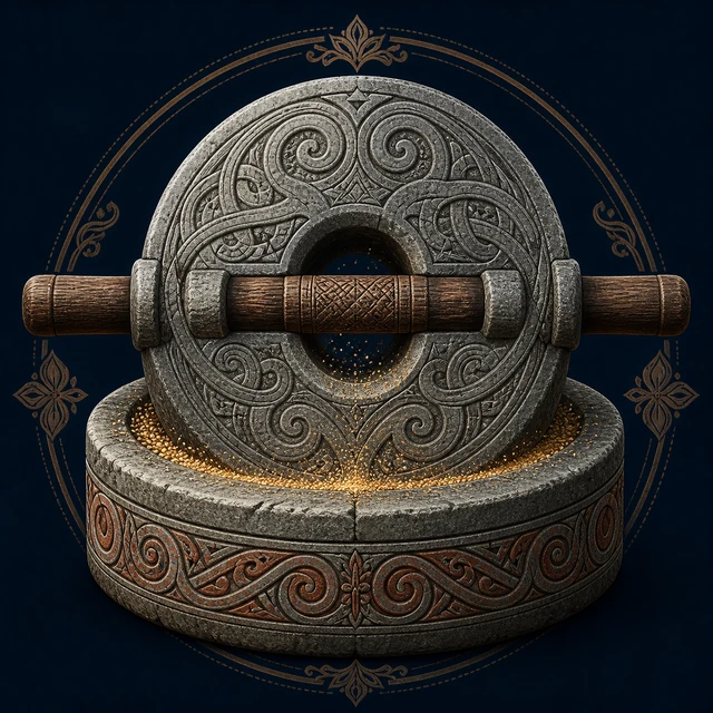 Grotti, an immense paired stone mill with golden grains against deep navy.