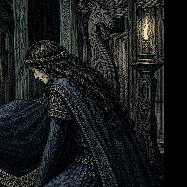 Guthrun at Sigurd’s body, a mourner kneeling beside a dark burial shroud in a candlelit timber hall.