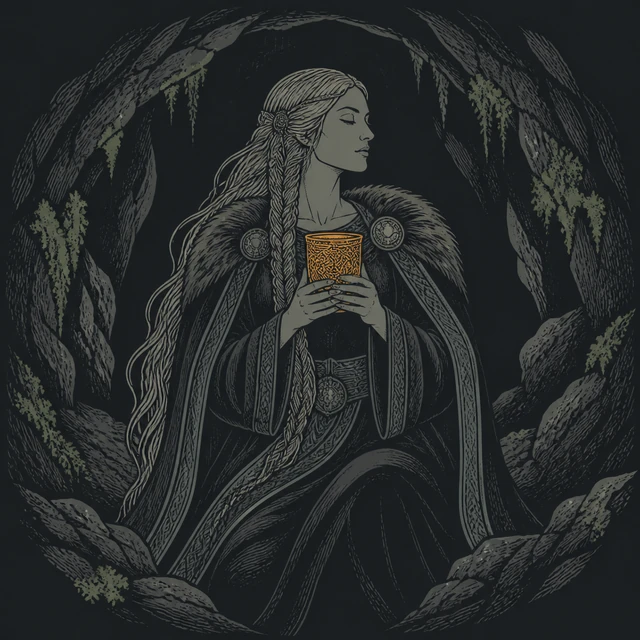 Norse-style detail illustration of Gunnlod and an amber cup.