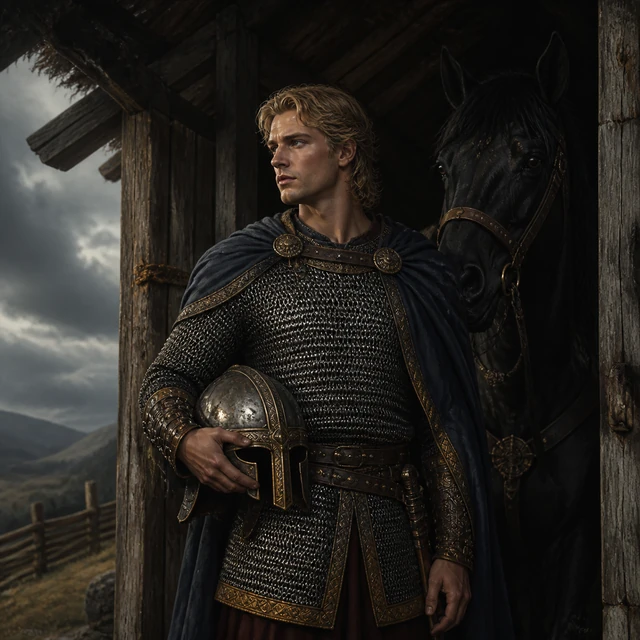 Hamther, a tall armoured warrior at a stable doorway.