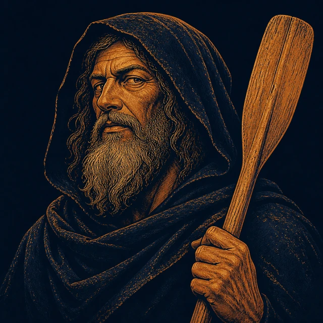 Harbard, a grey-bearded ferryman beneath a midnight-indigo hood, holding one weathered wooden oar.