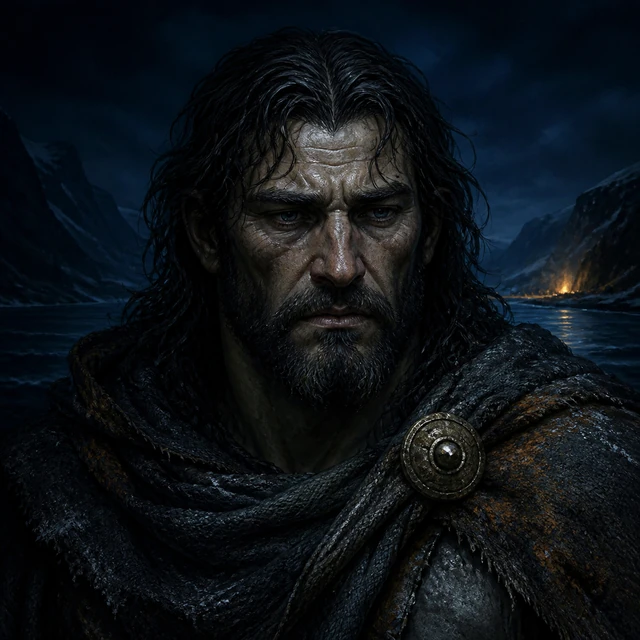 Hati, a giant in an icy grey cloak against a night fjord.